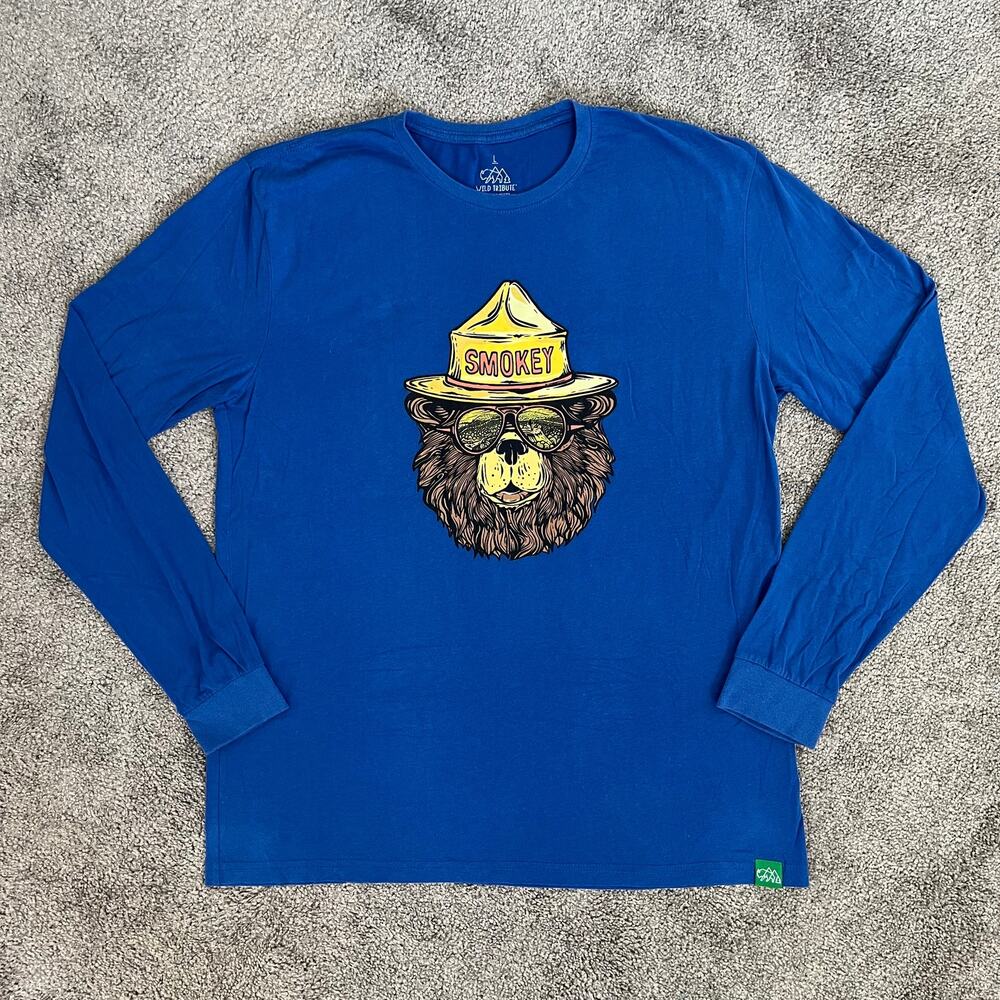 Wild Tribute Smokey Bear Long Sleeve Graphic T-Shirt Men's L Navy Blue Outdoor